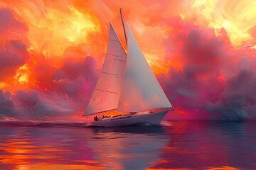 Sailboat against the backdrop of a flaming sunset sky. Seascape, yachting and travel concept. Oil painting for wallpaper, poster, card
