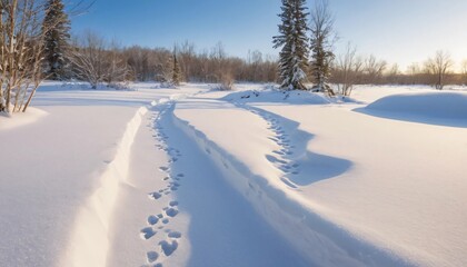 Snowy Path Through Scenic Winter Landscape Under Clear Blue Sky