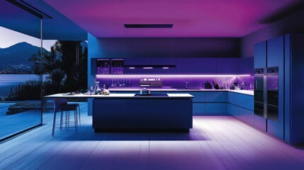 Modern, Purple-lit Kitchen with Outdoor View