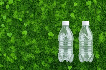 Plastic Waste on Green Moss, Empty Crushed Bottles, Environmental Pollution, Recycling Concept, Zero Waste, Eco Awareness, Sustainability, Earth Day, World Water Day, Plastic Free, Garbage Disposal