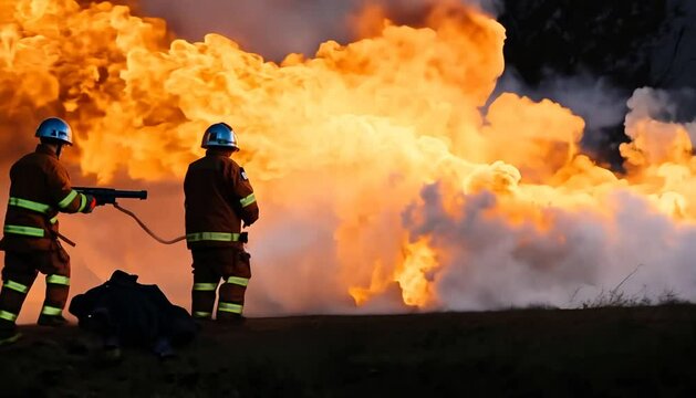 Firefighters fight the fire flame to control fire not to spreading out. Firefighter industrial and public safety concept. Traffic or car accident rescue and help action.