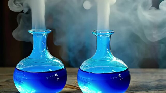 Two glass flasks filled with vibrant blue liquid release swirling vapor in a dimly lit laboratory, creating an intriguing atmosphere of science and discovery.