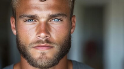Obraz premium Close-up portrait of a man with light-tan skin, light-brown hair, and striking blue eyes, displaying a neutral expression and a trimmed beard
