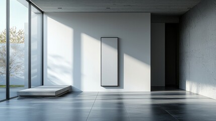 Fototapeta premium A large empty room with a white wall and a black mirror