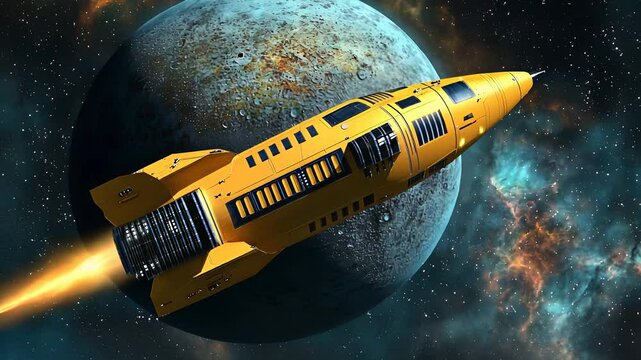 Yellow Rocket Launching Through Deep Space with Vibrant Planetary Background and Glowing Trail in a Cosmic Adventure

