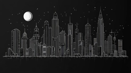 Monochromatic City Skyline at Night with Full Moon