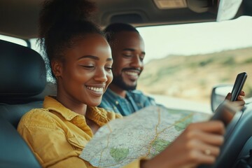 Happy black woman and man looking for way on map on cellphone while driving in car, using digital map application. Weekend trip and journey together