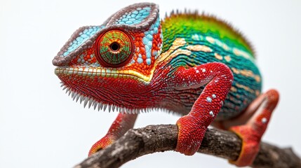 Obraz premium Vibrant chameleon displays stunning colors on a slender branch. Intricate patterns and a coiled tail create a captivating portrait against a clean background