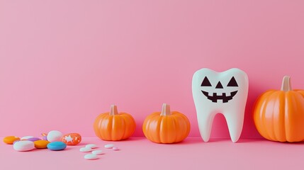 Fototapeta premium Halloween Tooth with Pumpkins and Colorful Candy on Pink Background