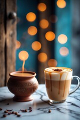 Pouring Chai Latte Into a Cup with Star Anise Topping