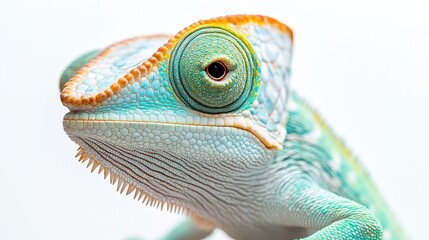 Fototapeta premium Intriguing chameleon portrait! A tilted head, vibrant blue-green hues, and striking blue eyes create a captivating close-up