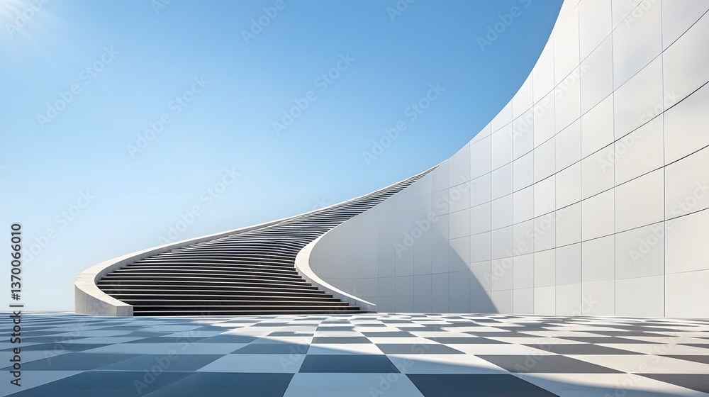Aufkleber An abstract architectural composition featuring a spiral staircase with a repeating pattern of shadows and tiles creating a captivating minimalist design