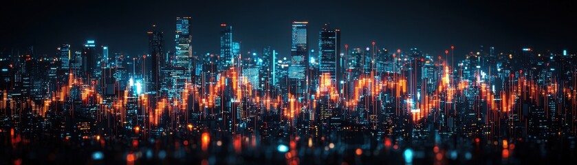 Dynamic Financial Strategy Visualization Urban Skyline Interactive Gigapixel Nighttime Aesthetic Concept