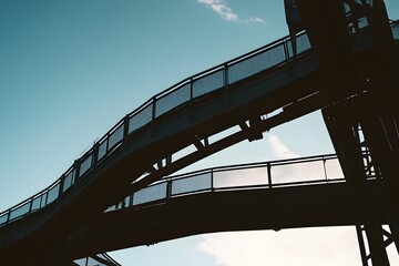 Winding metal pedestrian bridge with railings under a blue sky
