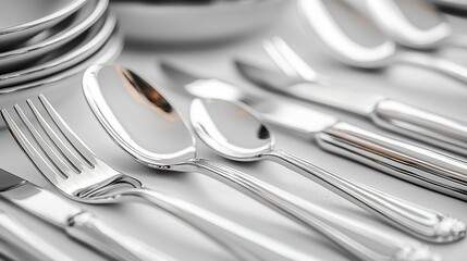 Shiny silverware set on table, close-up. Food preparation