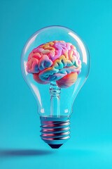 A pastel toned with neon light 3D rendered glass light bulb encases a vibrant human brain, representing innovation and intellect.