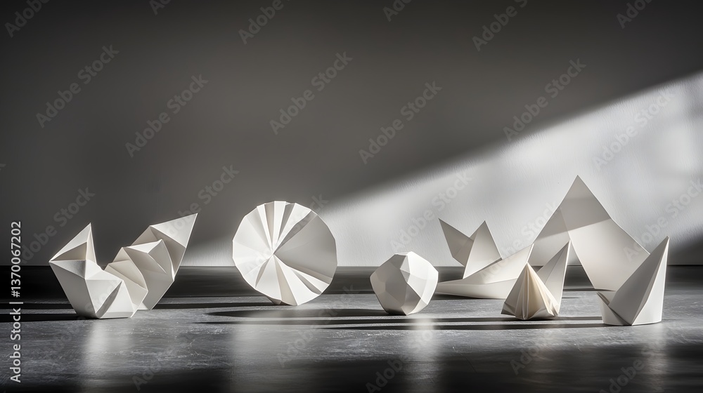 Poster an arrangement of folded paper sculptures creating geometric high contrast shadows on a dark surface