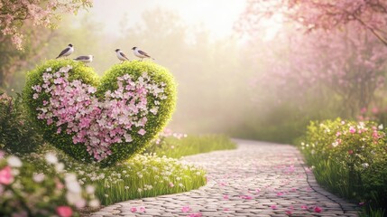 A tranquil park scene where birds perch on a heart-shaped topiary designed with blooming pink and white flowers