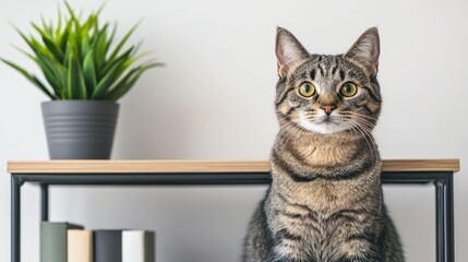 A curious tabby cat sits on a shelf beside a potted plant and books, showcasing a modern and cozy indoor environment.