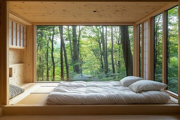 A serene wooden bedroom with a natural forest view window