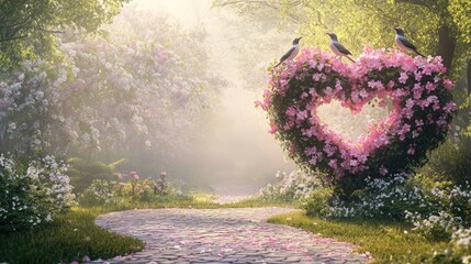 A tranquil park scene where birds perch on a heart-shaped topiary designed with blooming pink and white flowers