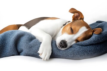 Adorable beagle puppy sleeping soundly on a cozy blue blanket in a peaceful slumber