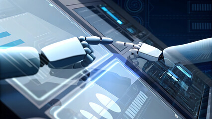 Two robotic arms collaboratively interact on a futuristic digital interface, showcasing seamless technological synergy with cool blue tones and sleek design elements.