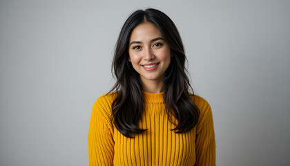 Obraz premium A radiant young woman with a warm smile, exuding confidence and joy in a stylish mustard yellow sweater against a soft gray backdrop.