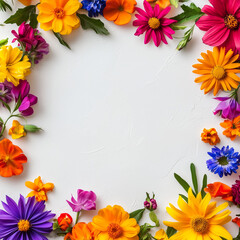Obraz premium A frame of vibrant flowers on a white background with ample space for a greeting card