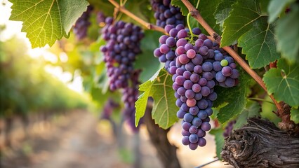 Naklejka premium Ripe bunch of grapes on vine in a vineyard with green leaves and purple clusters ready for harvest in autumn