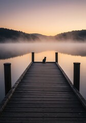 Dawn's Edge: Solitary Cat on a Misty Lake Pier