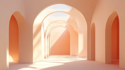 Sunlit Arches Corridor, Minimalist Interior, Architectural Design, Photorealistic Rendering