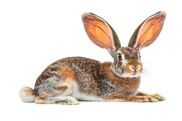Obraz premium Alert hare lying down, isolated on white background. Wild animal with long ears portrait