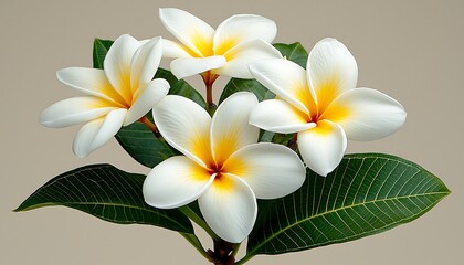 Obraz premium Plumeria flowers with white, and yellow center.