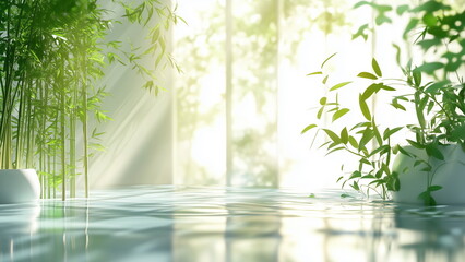 Eco-friendly green product marketing background design - with lush greenery, and water elements, bathed in soft natural sunlight, modern aesthetic with a green and white colour