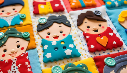 Patchwork for Kids: A fun and colorful patchwork geared towards a child audience, featuring cartoon characters and brightly colored buttons and beads.
