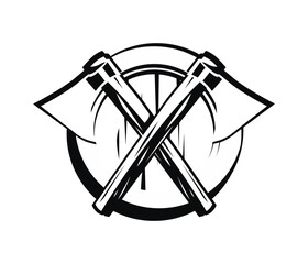 Style Coat of Arms in Black and White with Crossed Axes and Shield isolated on White Background. Vector Illustration in EPS10.