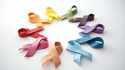 Obraz premium Rainbow Colored Cancer Awareness Ribbons Circle on White Background for Hope and Support