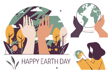 Earth Day. Environment Day. Save the planet. Vector illustration of hands holding the earth, bottom up view of nature and forest, people for ecology and green theme for poster or greeting card
