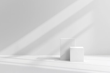 Minimalist scene with white cubes casting soft shadows in a bright space.
