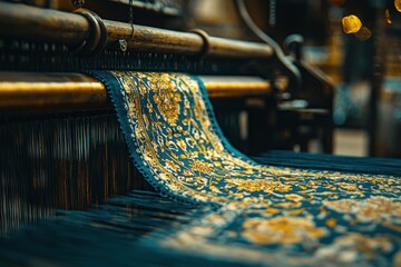 Traditional silk weaving process showcasing intricate patterns and vibrant colors on a loom, highlighting craftsmanship and cultural heritage