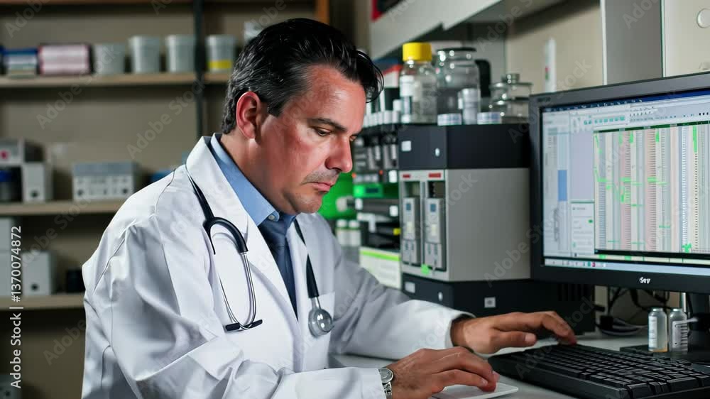 Poster laboratory technician analyzing data on a computer while wearing a lab coat in a scientific facility