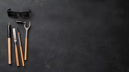 Artisan Tools and Sunglasses on Dark Background for Crafting Projects