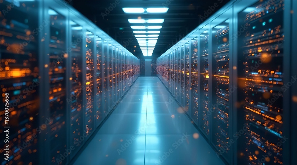 Poster futuristic blue lit data center server room: it infrastructure for data storage & computing