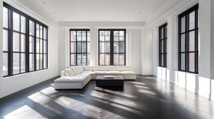 Obraz premium Modern loft living room with large windows, city view. Interior design