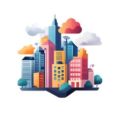 Fototapeta premium Vibrant Cityscape Illustration Modern Buildings Smart City Technology Concept