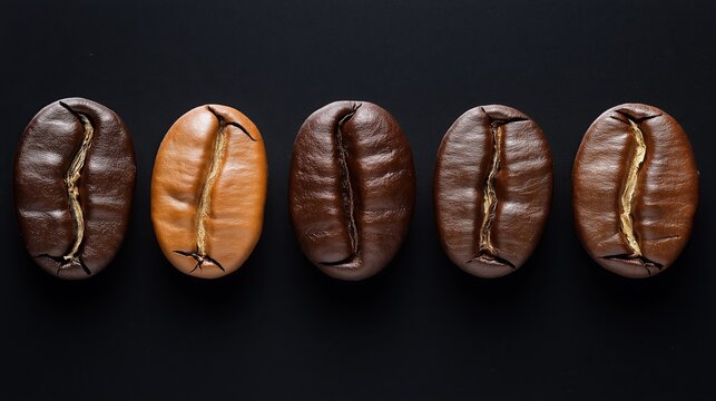Coffee beans in various roast levels lined up for comparison