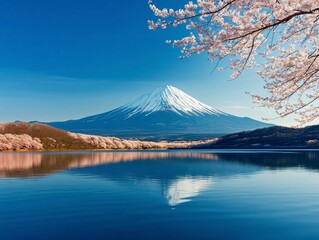 Fototapeta premium Snow Capped Mountain Reflected in a Calm Lake with Cherry Blossoms