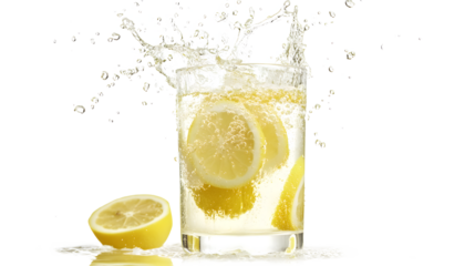 A glass of lemonade with a slice of lemon in it