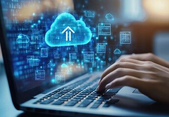 Cloud computing data upload.  Hands typing on a laptop with a digital cloud image overlaying the screen.  Data transfer, storage, and processing visualized